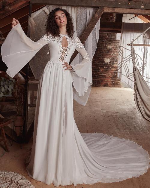 Lp2121 a line boho wedding dress with bell sleeves and slit1